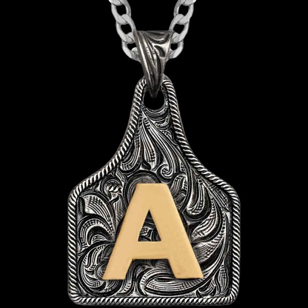 "Check out Our Texas Size Initial Cow Tags! Crafted on a German SIlver base featuring a traditional rope edge and our beautiful Jeweler's Bronze Inital. For additional Rustic Western charm, we added our signature antique finish. Choose your desired i